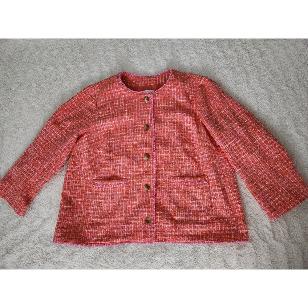 J. Jill Womens Plus 2X Dahlia Tweed Clementine Fringe Pockets Blazer Jacket